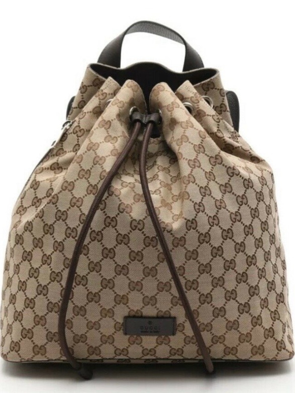 Gucci Beige GG Monogram Drawstring Backpack with Brown Trim